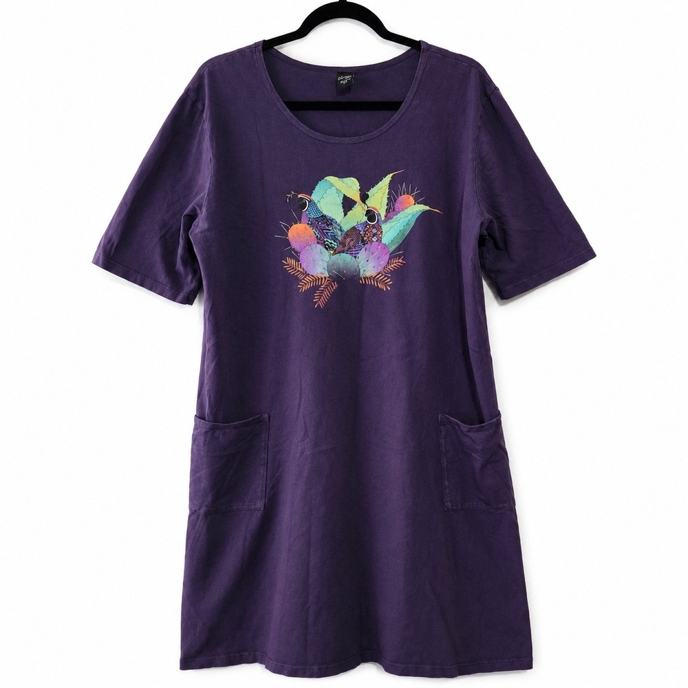 Sabaku Artwear Dress Women L/XL Purple Bird Midi Cotton Pockets Casual USA Comfy